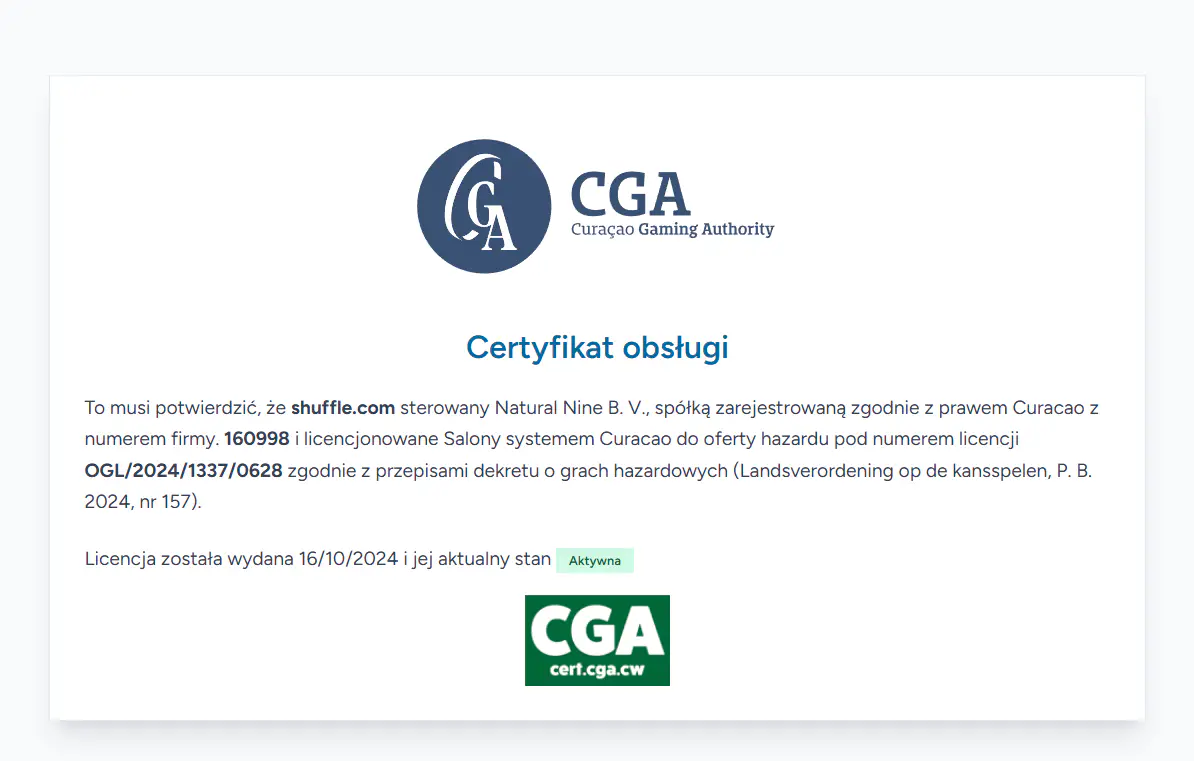 Aktualny certyfikat Curaçao Gaming Authority dla Shuffle i Natural Nine B.V.