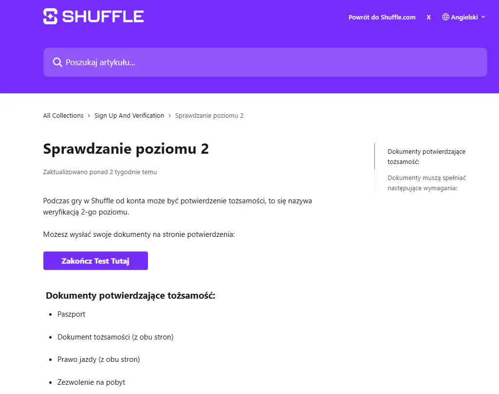 Oficjalna strona Level 2 Verification Shuffle z listą akceptowanych dokumentów
