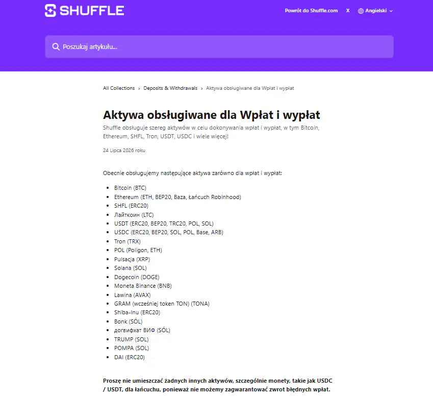 Aktualny panel wpłaty Shuffle z listą obsługiwanych aktywów i sieci